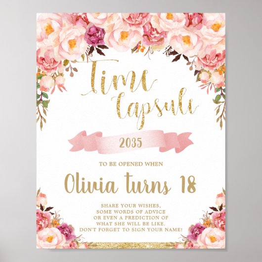 Blush Roze Floral 1st Birthday Time Capsule Sign Poster (Voorkant)
