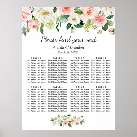 Blush roze Floral 8 Tables Wedding Seding Chart Poster (Voorkant)