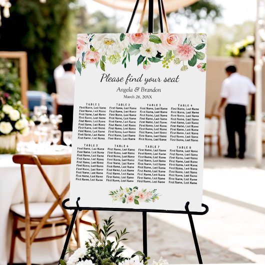 Blush roze Floral 8 Tables Wedding Seding Chart Poster