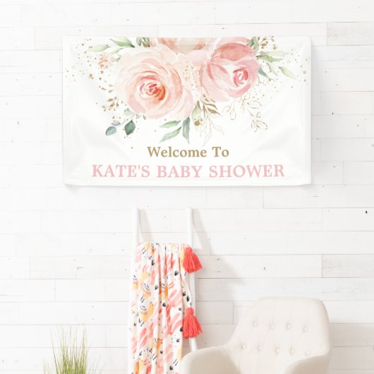 Blush Roze Floral Baby shower Backdrop Welkom Spandoek (Insitu)
