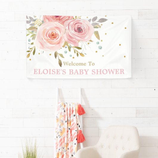 Blush Roze Floral Baby shower Backdrop Welkom Spandoek (Insitu)