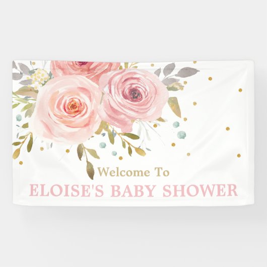 Blush Roze Floral Baby shower Backdrop Welkom Spandoek (Horizontaal)