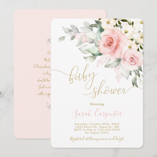 Blush roze floral baby shower meisje kaart (Voorkant / Achterkant)