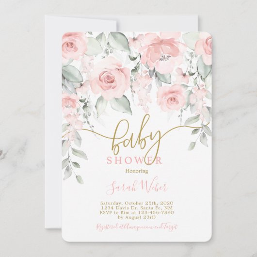 Blush roze floral baby shower meisje kaart (Voorkant)