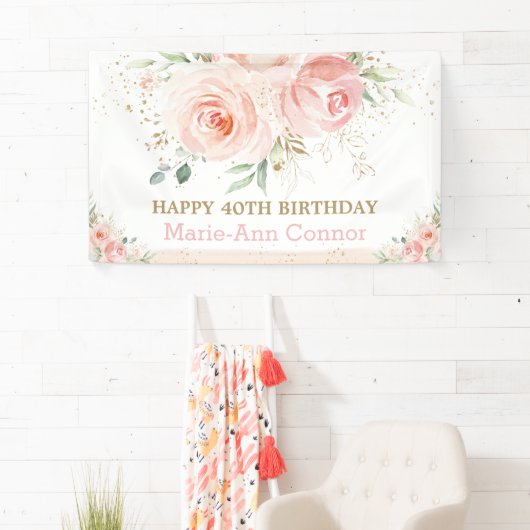 Blush roze Floral Birthday Party Backdrop Welkom Spandoek (Insitu)