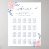 Blush roze Floral Blue Wedding Seating Chart Poster (Voorkant)