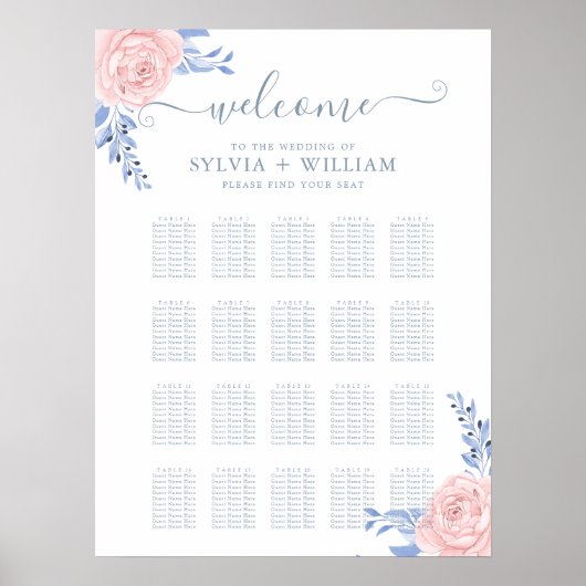Blush roze Floral Blue Wedding Seating Chart Poster (Voorkant)