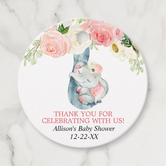 Blush roze floral cute baby olifant bedankjes labels (Voorkant)