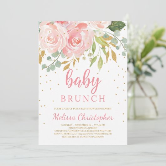 Blush roze floral en gouden boho baby brunch kaart (Staand voorkant)