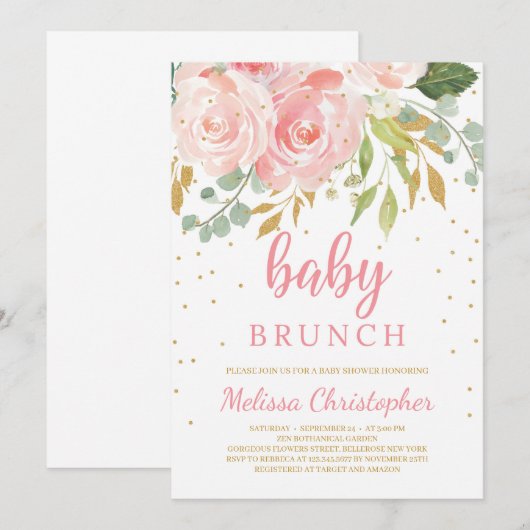 Blush roze floral en gouden boho baby brunch kaart (Voorkant / Achterkant)
