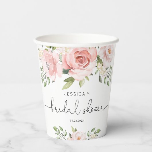 Blush roze floral eucalyptus vrijgezellenfeest papieren bekers (Achterkant)