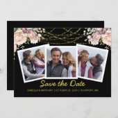 Blush Roze Floral Gold Blue 3 Foto Save the Save The Date (Voorkant / Achterkant)
