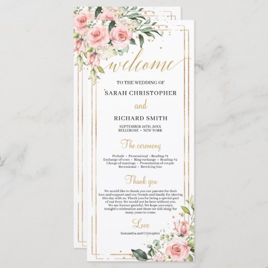 Blush roze floral Gold geometric lijst bruiloft Programmakaart (Voorkant / Achterkant)