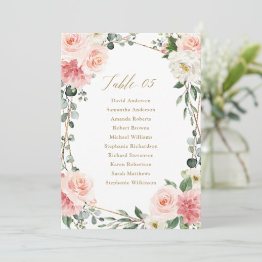 Blush roze Floral Gold geometric Seating Chart Inv Kaart (Staand voorkant)