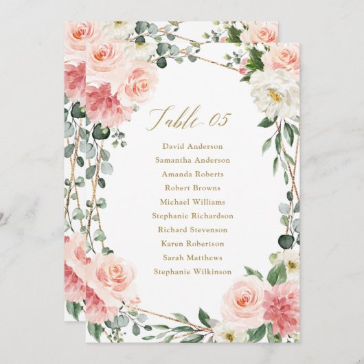 Blush roze Floral Gold geometric Seating Chart Inv Kaart (Voorkant / Achterkant)