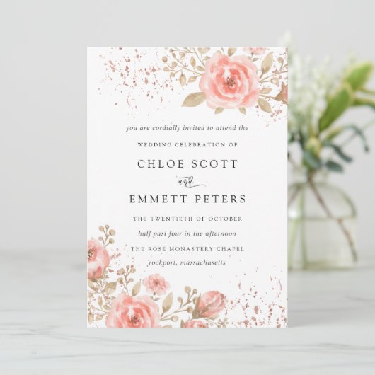 Blush Roze Floral Gold Leaves Kaart (Staand voorkant)