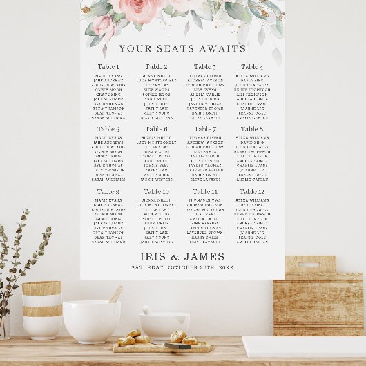 Blush roze Floral Greenery Wedding Seating Chart Poster (Keuken)