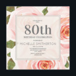 Blush Roze Floral Leaves 80th Birthday Women Kaart<br><div class="desc">80e verjaardag van de feestdag voor vrouwen met een prachtige roze waterverf floral and green leaf design. Deze uitnodigingen zijn precies wat je nodig hebt voor de lente of de zomerverjaardag. Gebruik ze voor een thee- of tuinfeest. Pas uw uitnodiging aan door de doopvonten en de formulering te veranderen om...</div>