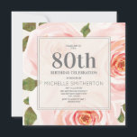 Blush Roze Floral Leaves 80th Birthday Women Kaart<br><div class="desc">80e verjaardag van de feestdag voor vrouwen met een prachtige roze waterverf floral and green leaf design. Deze uitnodigingen zijn precies wat je nodig hebt voor de lente of de zomerverjaardag. Gebruik ze voor een thee- of tuinfeest. Pas uw uitnodiging aan door de doopvonten en de formulering te veranderen om...</div>