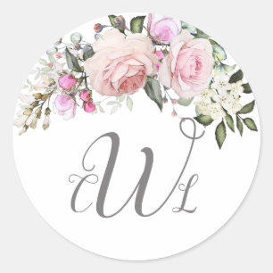 Blush Roze Floral Monogram Classic Round Stic Ronde Sticker