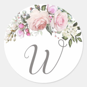 Blush Roze Floral Monogram Ronde Sticker