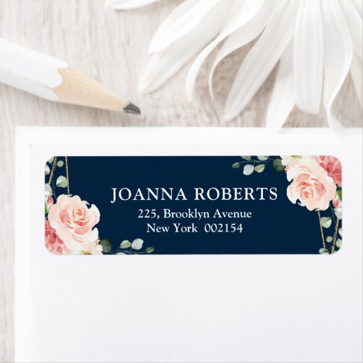 Blush roze Floral Navy Geometric Botanical Weddens Etiket (Insitu)