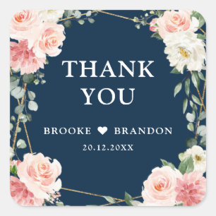 Blush roze Floral Navy Geometric Botanical Weddens Vierkante Sticker
