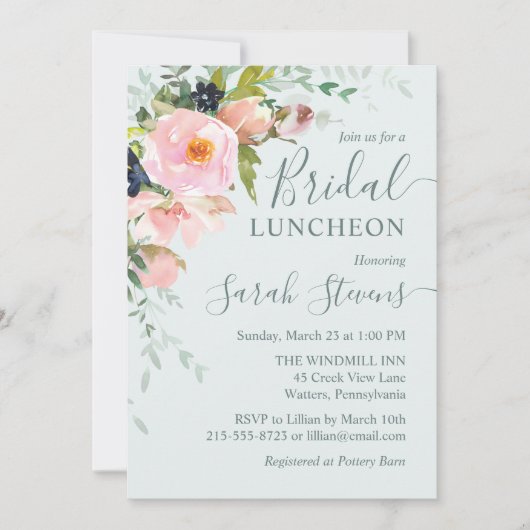 Blush roze Floral op Light Blue Bridal Luncheon Kaart (Voorkant)