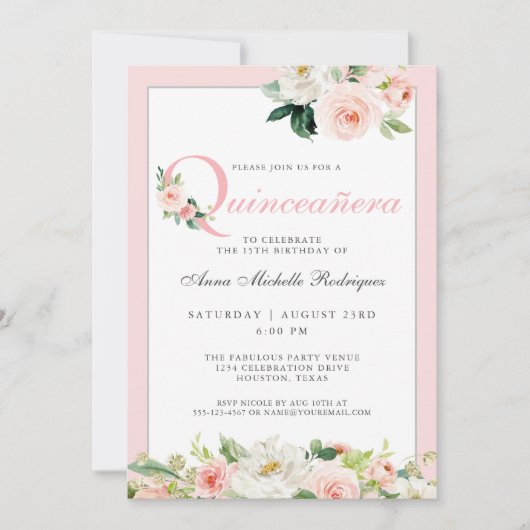 Blush roze Floral Quinceanera Celebration Kaart (Voorkant)