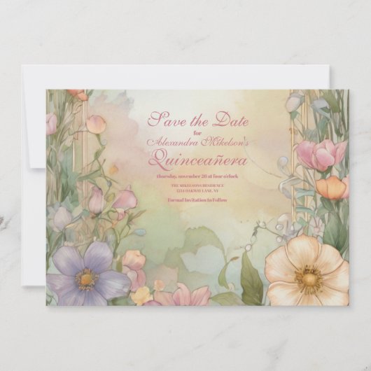 Blush roze Floral Quinceanera Celebration Save The Date (Voorkant)