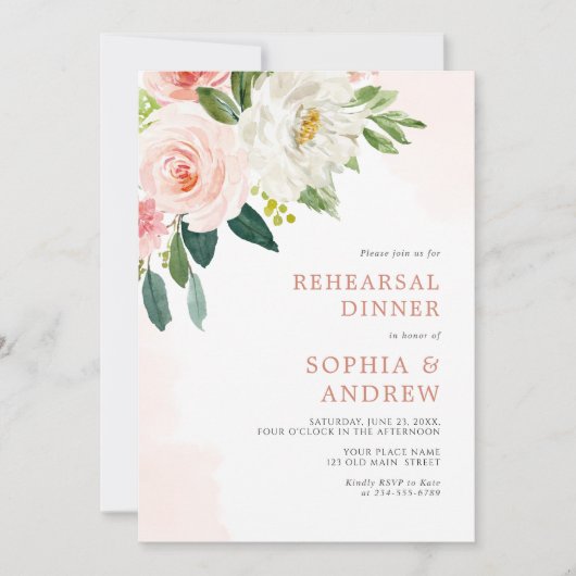 Blush Roze Floral Rehearsal Diner Uitnodiging (Voorkant)