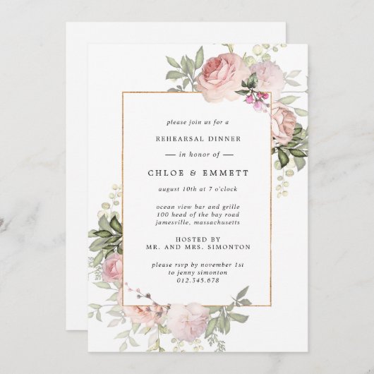 Blush Roze Floral Rehearsal Diner Uitnodiging (Voorkant / Achterkant)