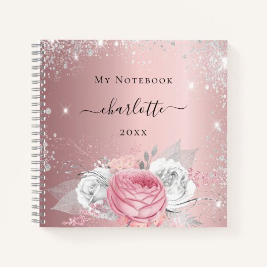 Blush roze floral Silglitter name script Notitieboek (Voorkant)