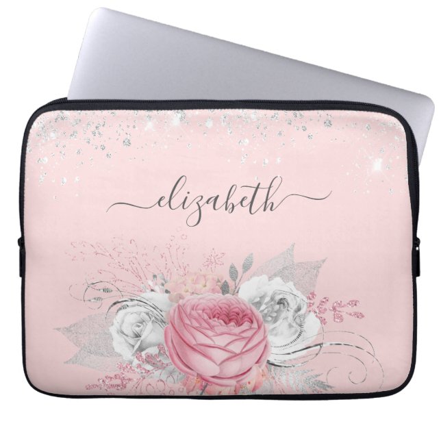 Blush roze floral Silver glitter name Laptop Sleeve (Voorkant)