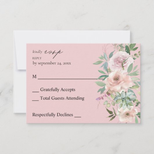 Blush Roze Floral & Succulent no Meal RSVP Roze (Voorkant)