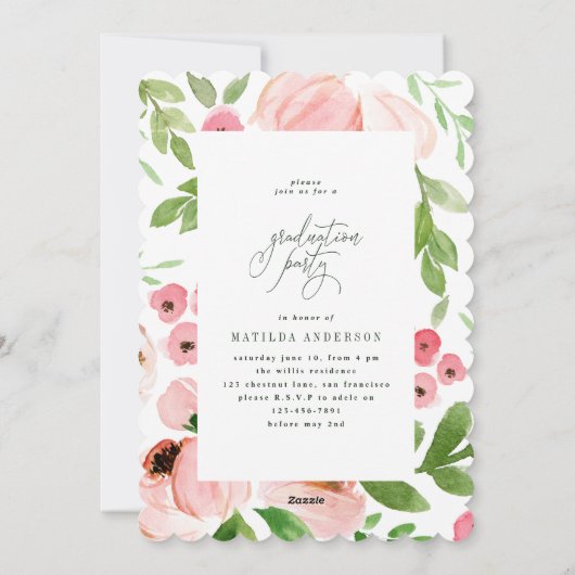 Blush roze floral waterverf afstuderen uitnodiging (Achterkant)
