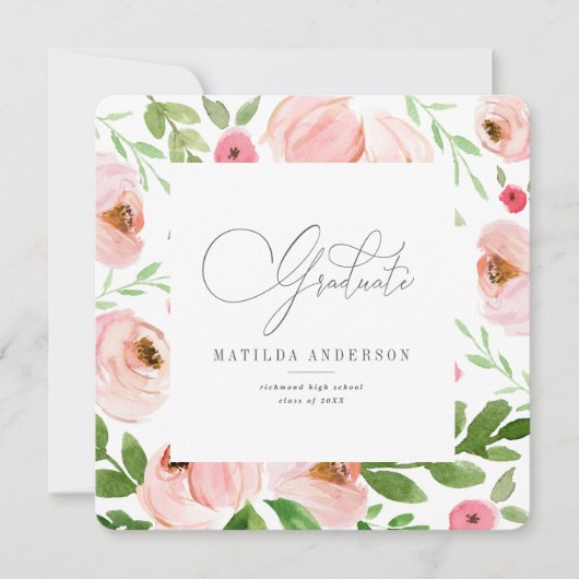 Blush roze floral waterverf afstuderen uitnodiging (Voorkant)