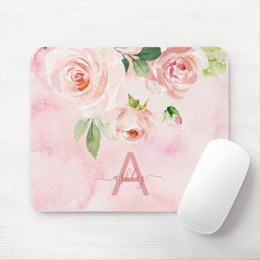 Blush Roze Floral Waterverf Naam Monogram Muismat (Met muis)