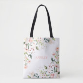 Blush Roze Floral Waterverf Naam Monogram Tote Bag (Voorkant)