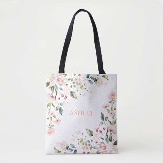Blush Roze Floral Waterverf Naam Monogram Tote Bag (Voorkant)