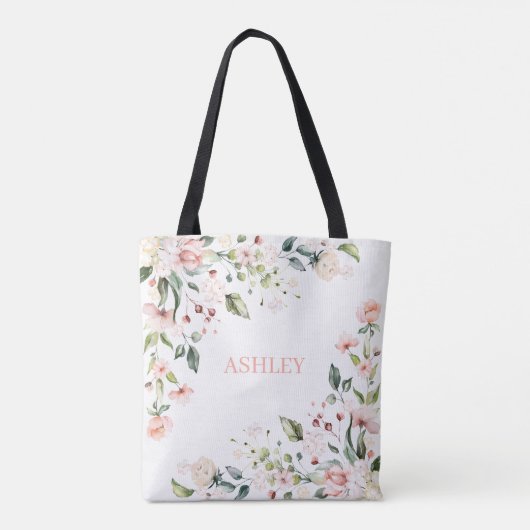 Blush Roze Floral Waterverf Naam Monogram Tote Bag (Achterkant)