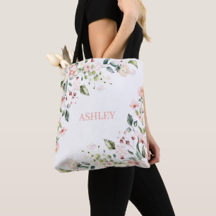 Blush Roze Floral Waterverf Naam Monogram Tote Bag