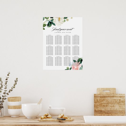 Blush roze Floral Wedding Seating Chart Poster (Keuken)