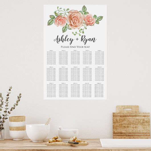 Blush roze Floral Wedding Seating Chart Poster (Keuken)