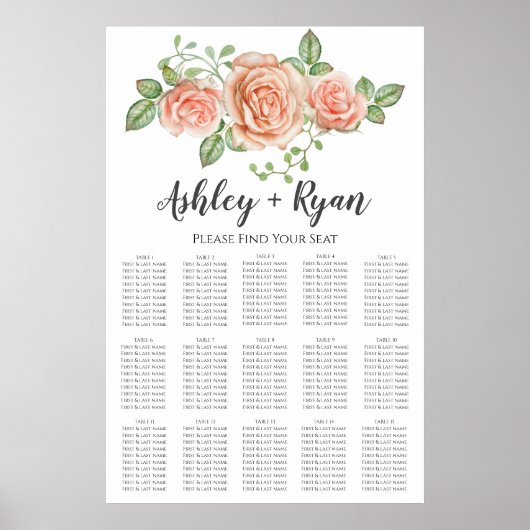 Blush roze Floral Wedding Seating Chart Poster (Voorkant)