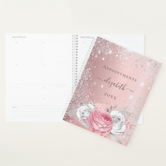 Blush roze floral zilver glitter naam script 2026 planner (Display)