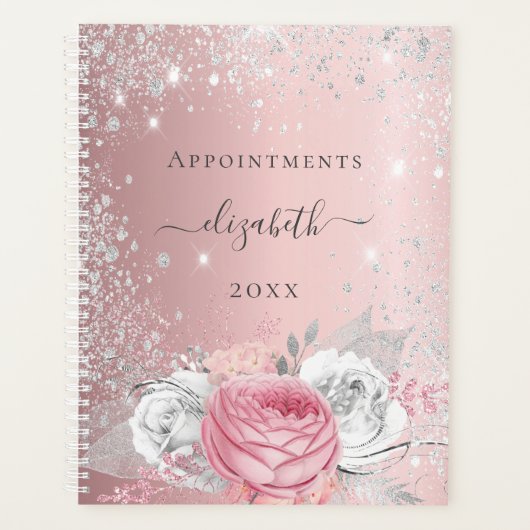 Blush roze floral zilver glitter naam script 2026 planner (Voorkant)