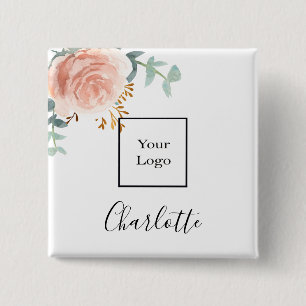 Blush roze florale eucalyptus business name tag vierkante button 5,1 cm