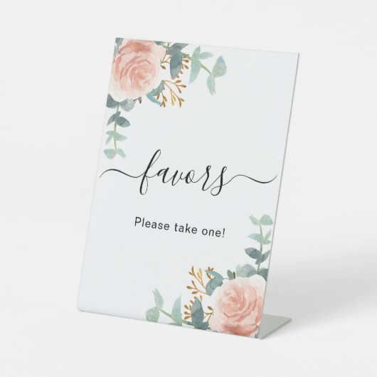Blush roze florale eucalyptus favors-teken reclamebord met voetstuk (Voorkant)