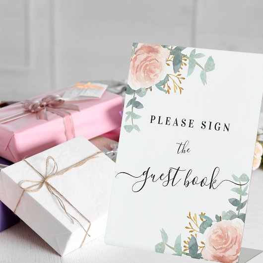 Blush roze florale eucalyptus gastenboek reclamebord met voetstuk